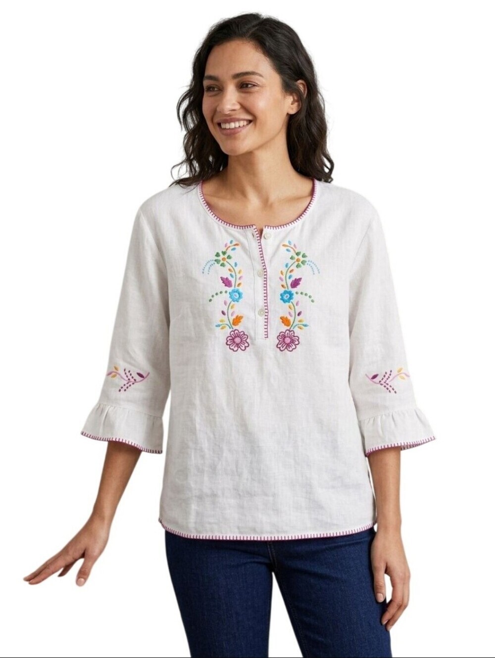Isla Parente Stunning 100% Linen Embroidered Peasant Blouse Size XL